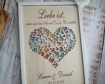Cadre photo de mariage personnalisé avec cœur – argent gravé en cadeau de mariage, cadeau pour les mariés avec leurs noms et la date.