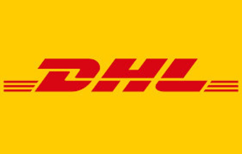 May include: The DHL logo presents red lettering against a vibrant yellow backdrop. The letters "DHL" are boldly displayed, with a distinctive design. The logo incorporates red horizontal lines on the left and right, conveying speed and efficiency.