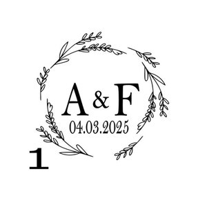 May include: A black line art graphic on a white background featuring a circular wreath of leaves surrounding the letters A & F and the date 04.03.2025. The number 1 is positioned in the lower left corner outside of the circular floral wreath design.