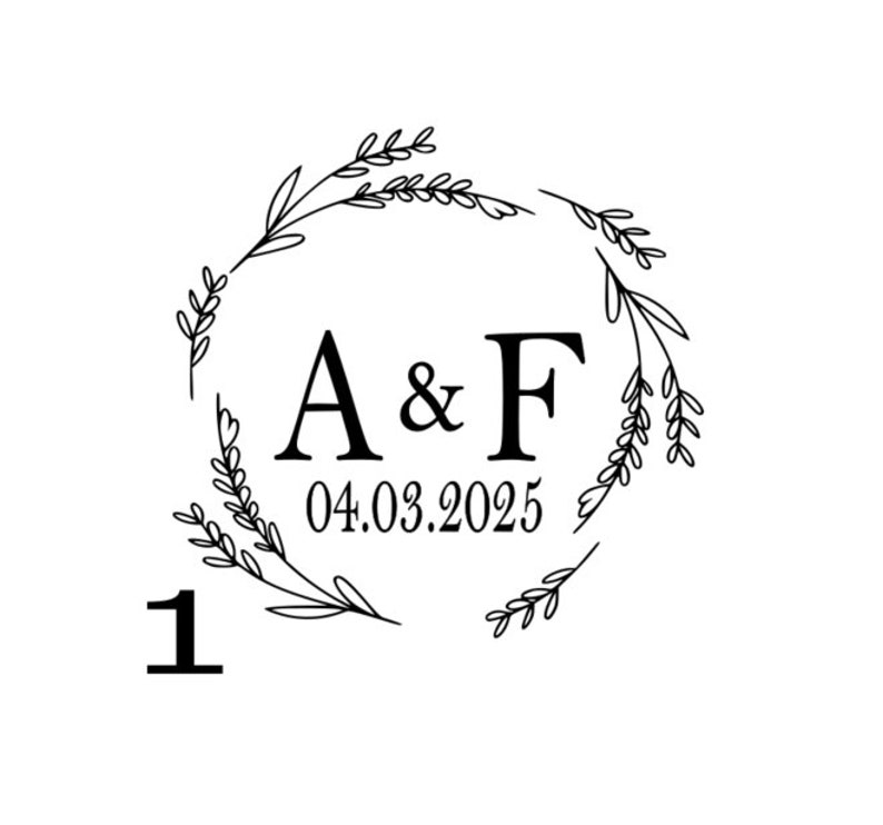 May include: A black line art graphic on a white background featuring a circular wreath of leaves surrounding the letters A & F and the date 04.03.2025. The number 1 is positioned in the lower left corner outside of the circular floral wreath design.