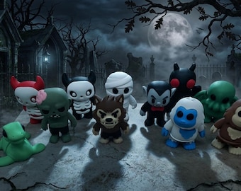 May include: A collection of stylized monster figurines, including a zombie, vampire, and werewolf, are displayed against a spooky graveyard backdrop with a full moon. The figures are brightly colored and detailed, perfect for Halloween.