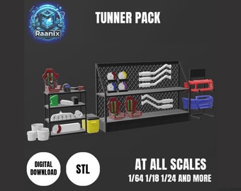 May include: A 3D printed model kit of a tuner car parts display stand. The stand features a variety of parts, including seats, exhaust pipes, wheels, and body panels. The stand is designed for use with 1/64, 1/18, 1/24, and other scale models. The kit is available for digital download in STL format.