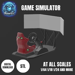 May include: A 3D printed model of a racing simulator with a red racing seat, a steering wheel, and a triple monitor stand. The model is designed to be printed at various scales, including 1/64, 1/18, 1/24, and more. The model is available as an STL file for digital download.