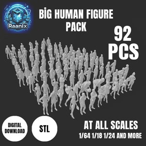 May include: A digital download pack of 92 STL files for 3D printing of human figures in various poses. The pack includes figures at different scales, including 1/64, 1/18, 1/24, and more.