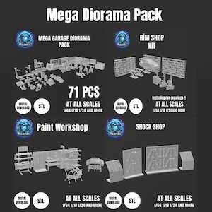 Könnte beinhalten: Ein digitales Download-Paket mit 71 3D-druckbaren Modellen für ein Garagen-Diorama. Das Paket enthält eine Garage, eine Lackierwerkstatt, einen Felgenshop und einen Stoßdämpferladen. Die Modelle sind für die Maßstäbe 1/64, 1/18, 1/24 und andere konzipiert.