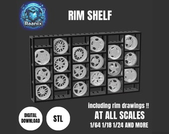 May include: A 3D printed model of a rim shelf for storing and displaying model car rims. The shelf is made of black plastic and has 18 slots for rims. The image includes the text "RIM SHELF", "including rim drawings!!", "AT ALL SCALES", and "1/64 1/18 1/24 AND MORE".