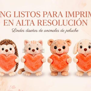 Puede incluir: Seis diseños de animales de peluche, incluyendo un búho, un erizo, un gato, un oso, un perro y un ratón, cada uno sosteniendo un corazón. La imagen tiene texto que dice "6 PNG LISTOS PARA IMPRIMIR EN ALTA RESOLUCIÓN" y "Lindos diseños de animales de peluche."