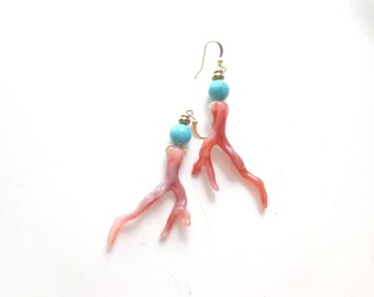 Coral branch earrings elegant big red gold earrings