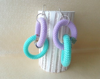 Statement earrings, oversized earrings, mint lavender earrings, geometric earrings chain earrings