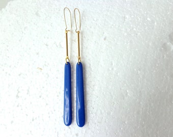Blue earrings, bar earrings, modern earrings, long gold earrings