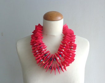 Red necklace, colorful long statement necklace