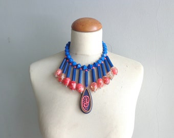 Oversized blue bib necklace, colourful chunky pink blue necklace, modern tribal necklace, statement colorful necklace