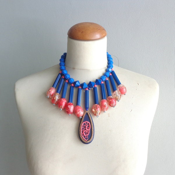 Oversized blue bib necklace, colourful chunky pink blue necklace, modern tribal necklace, statement colorful necklace