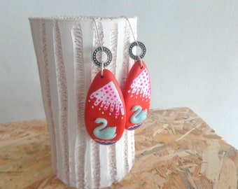 Oversized earrings, swan earrings, orange pink swan earrings, statement earrings, large drop earrings