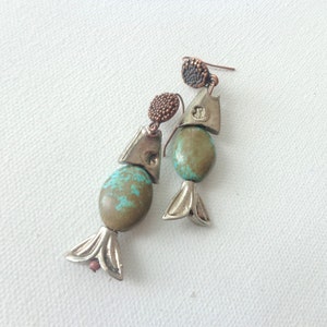 Fish earrings, fish Turquoise stone gemstone earrings image 1