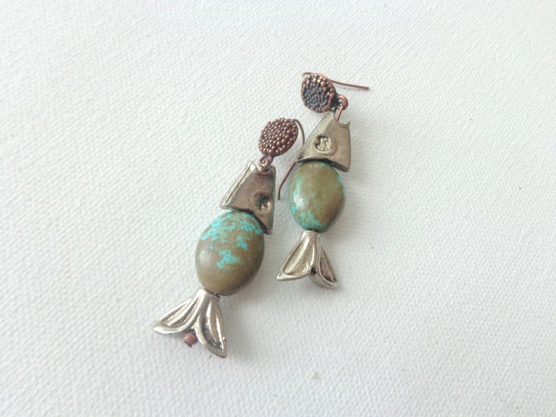 Fish earrings, fish Turquoise stone gemstone earrings image 1