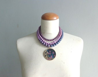 Purple pearl necklace, multi strand pearls, purple statement necklace