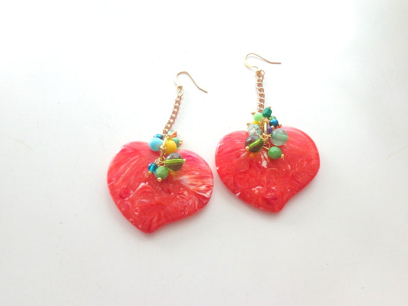 Oversized heart earrings. red colorful heart earrings image 1