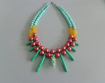 Mint necklace, yellow bronze necklace, multi strand statement necklace