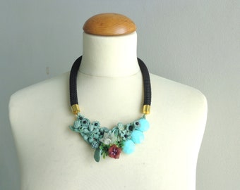 flowers statement necklace bib necklace large necklace chunky necklace, mint necklace, pastel necklace