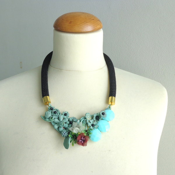 flowers statement necklace bib necklace large necklace chunky necklace, mint necklace, pastel necklace