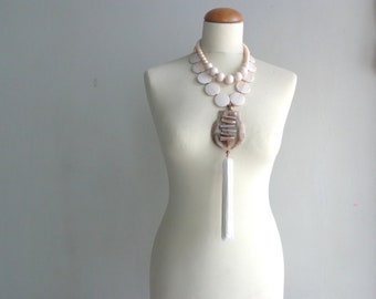 Cream tassel Statement necklace longer style, multi strand necklace