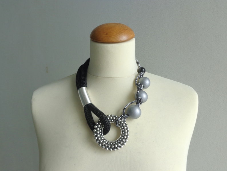Silver black tribal statement colorful necklace