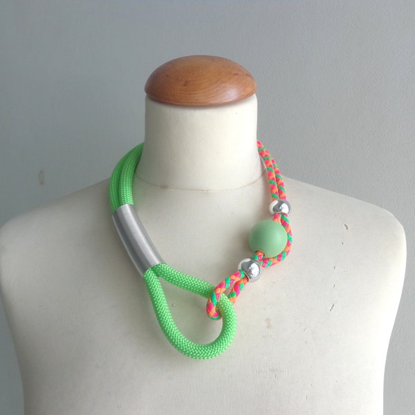 Neon green necklace, lime green necklace, orange green necklace, black Tribal statement colorful necklace