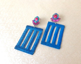 Royal blue earrings, lace earrings, geometric earrings, rhinestone earrings, statement earrings, colorful earrings, oversized earrings