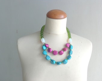 chunky necklace, green necklace, colorful necklace, pink green turquoise necklace