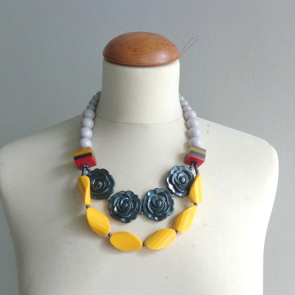 Blue black  necklace, chunky blue yellow necklace, yellow flower bib necklace, colorblock statement necklace