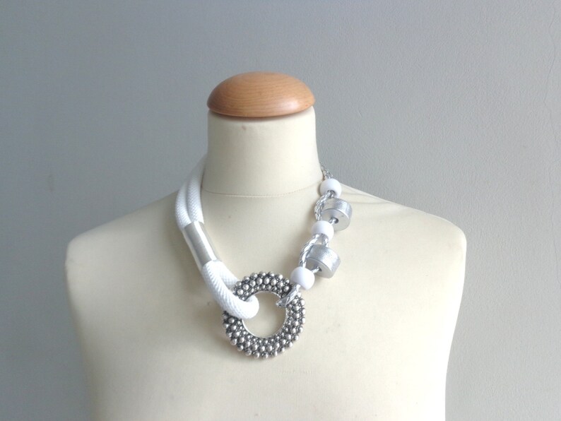 White statement necklace white rope cord silver necklace Etsy