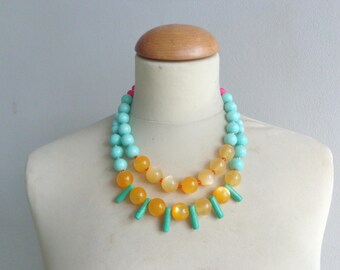 Mint necklace, yellow necklace, multi strand statement necklace