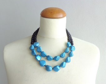 Blue statement necklace, blue necklace, multi strand necklace, chunky necklace, black blue necklace