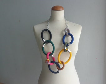 Colorful long necklace, long statement necklace, textile statement, link chain statement