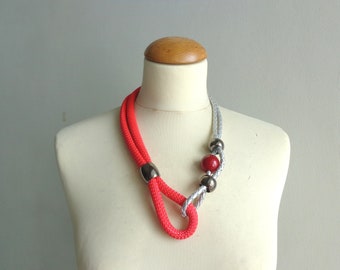 Red necklace, red silver black grey tribal statement, valentines necklace, colorful necklace