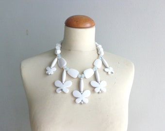 White bib necklace, colourful chunky necklace, statement white butterfly necklace