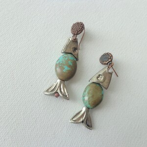 Fish earrings, fish Turquoise stone gemstone earrings image 2