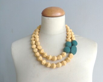 Yellow necklace, multi strand statement, Green yellow necklace