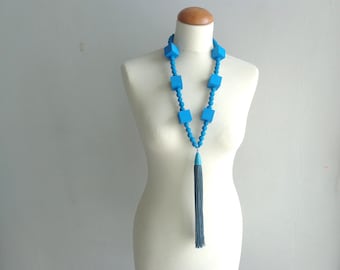 Blue necklace, Blue long statement necklace, cube necklace, tassel necklace