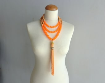 Neon orange necklace, orange statement jewelry tassel statement modern boho necklace