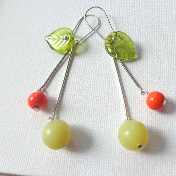 lime green orange branch earrings, tree earrings, elegant earrings, colorful earrings, bohemian earrings