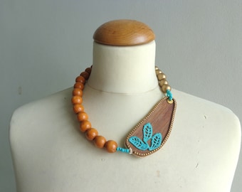 tal brown necklace, Art necklace, Wood necklace, lace wood statement necklace, wood bib necklace