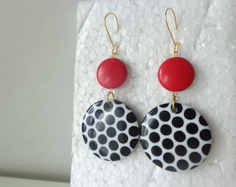 oversized earrings, Polka dot earrings, white red black earrings, disk earrings, modern earrings, fashion earrings