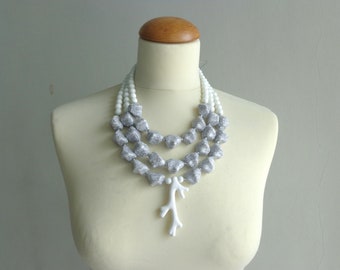 White statement necklace, huge white grey chunky necklace