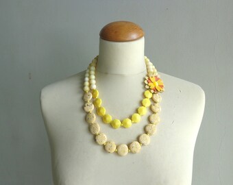 Yellow flower Statement necklace longer style, multi strand necklace leather flower necklace