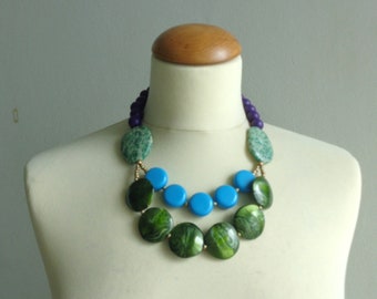 chunky chaki necklace,  green necklace double strand, blue green necklace