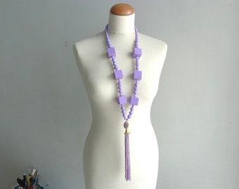 Purple lavender necklace, lavender long statement necklace, cube necklace, tassel necklace