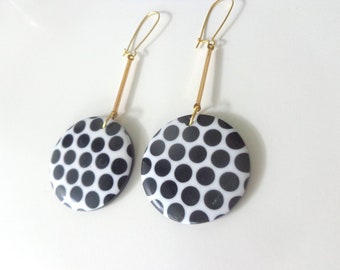 oversized earrings, Polka dot earrings, white black earrings, disk earrings, modern earrings, fashion earrings