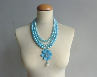 Pearl necklace, pearl statement, Aqua flower pearl necklace, bridal jewelry